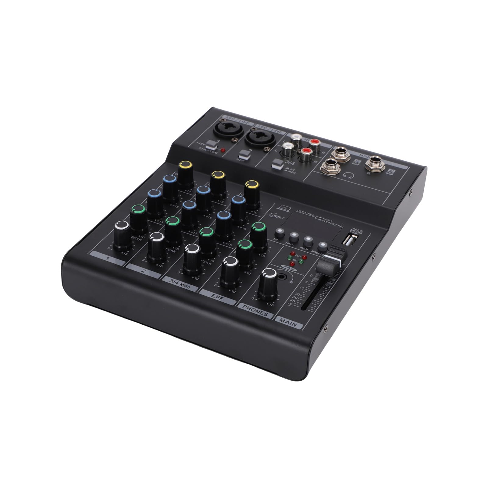 4-Kanal-Mini-Audio-Mixer, BT MP3 USB 48 V Phantomspeisungs-Mixer, Integrierter Gitarrenverstärker- mit DJ-Mischbrett-Design, Ideal für Mikrofone, Gitarren, Keyboards und Studioaufnahmen