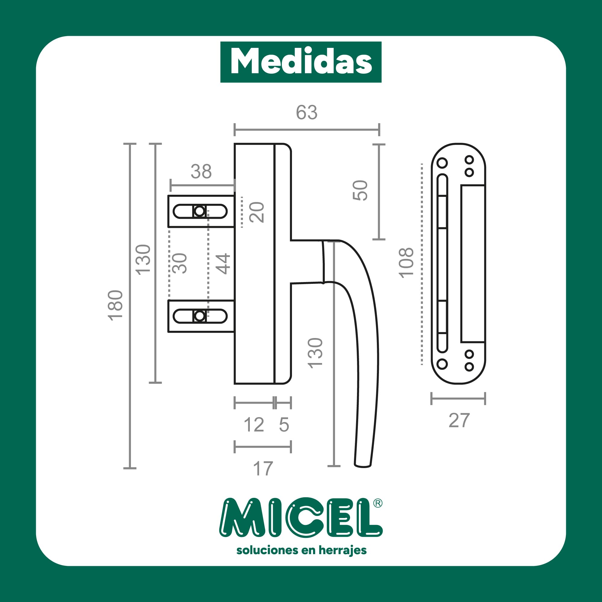 MICEL - 92700 - Cremona para Ventanas Mallorquinas con Apertura Exterior, Reversible, en Aluminio, acabado Negro, 2 Palas, 63 x 180 x 27 mm
