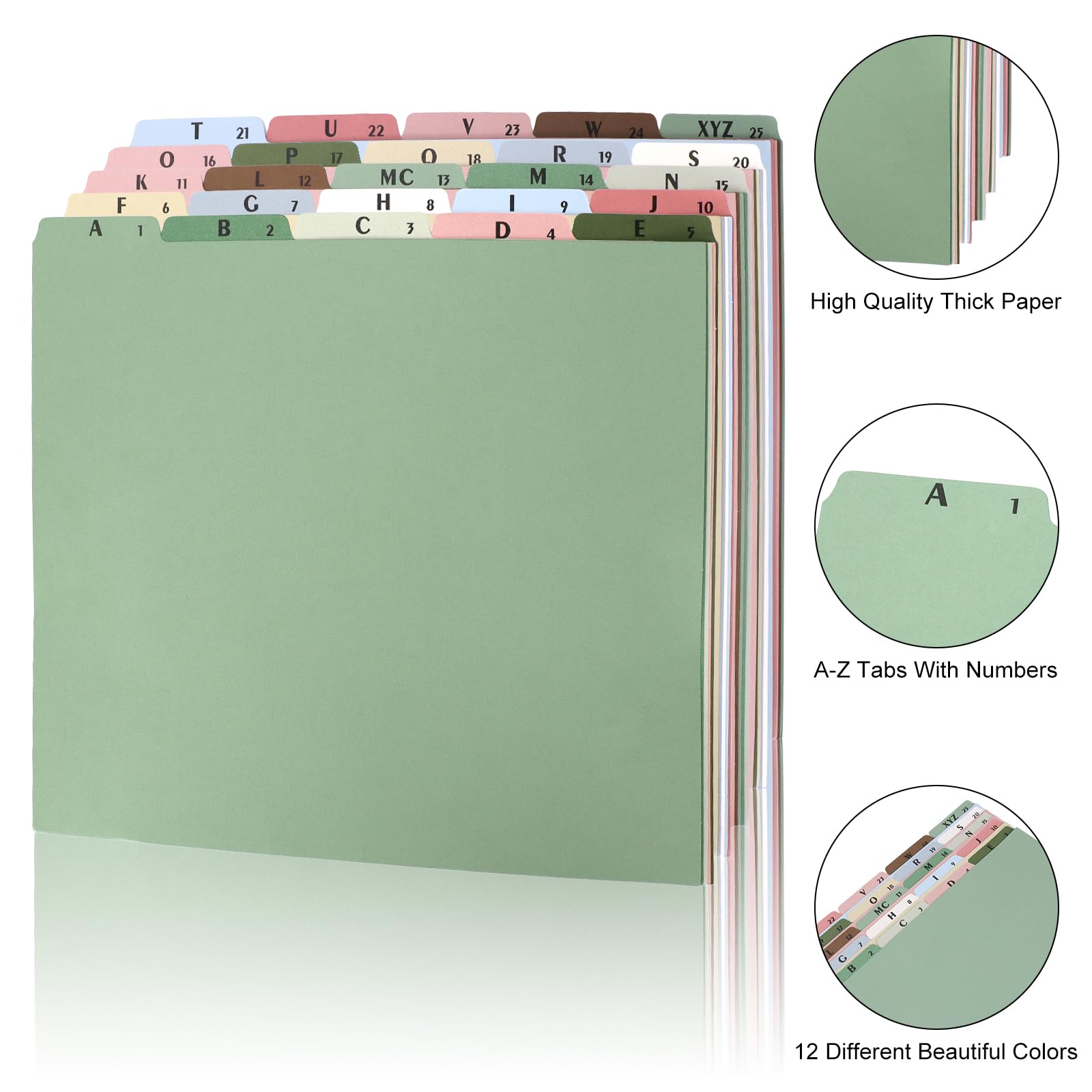 50 Pcs A-Z Alphabet Top Tab File Guides Set, 1/5 Cut Tab File Cabinet Dividers Heavyweight Letter Size File Dividers Desk Organizer for School Office Work (Olive Green) - Image 3