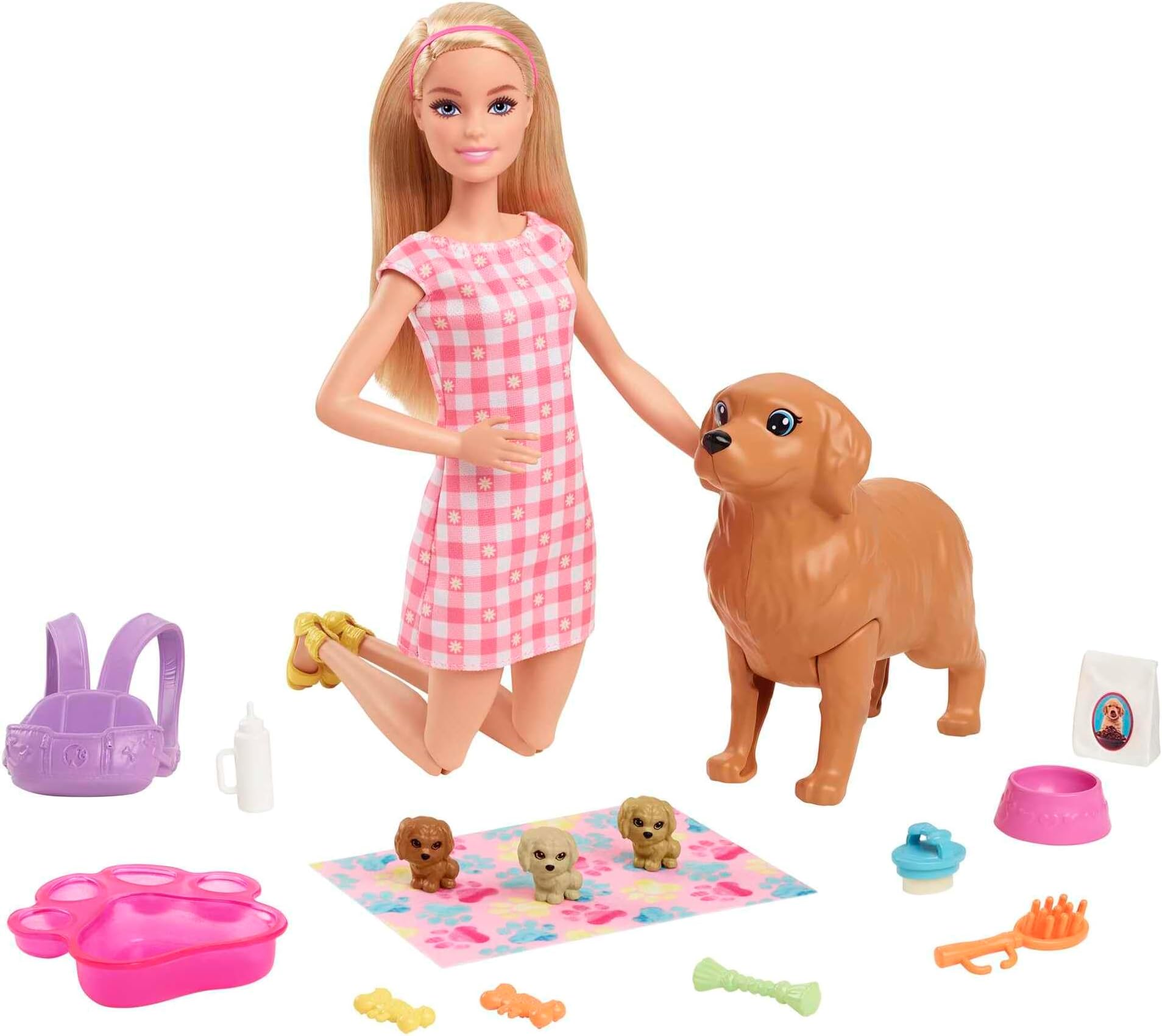 Barbie Doll and Pets Playset, Blonde Doll with Mommy Dog and 3 Puppies, Colour Changing Features Pet Accessories, Toys for Ages 3 and Up, One Doll with Dogs, HCK75