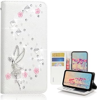 Bling Wallet Phone Case Compatible with Samsung Galaxy A03s - Stylish - 3D Handmade Girls Fairy Floral Design Leather Cover with Neck Strap Lanyard [3 Pack] - White