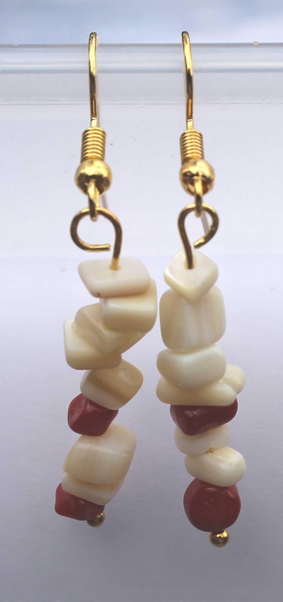 Mother-of-pearl shell (natural), small chip, Red Dyed Coral Earrings With Gold Tone Fish Hooks #2