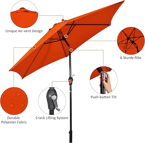 Miniatura 6 de Tangkula Sombrilla de patio de 9 pies, sombrilla de mesa de mercado al aire libre con botón de ajuste de inclinación, manivela y 6 varillas