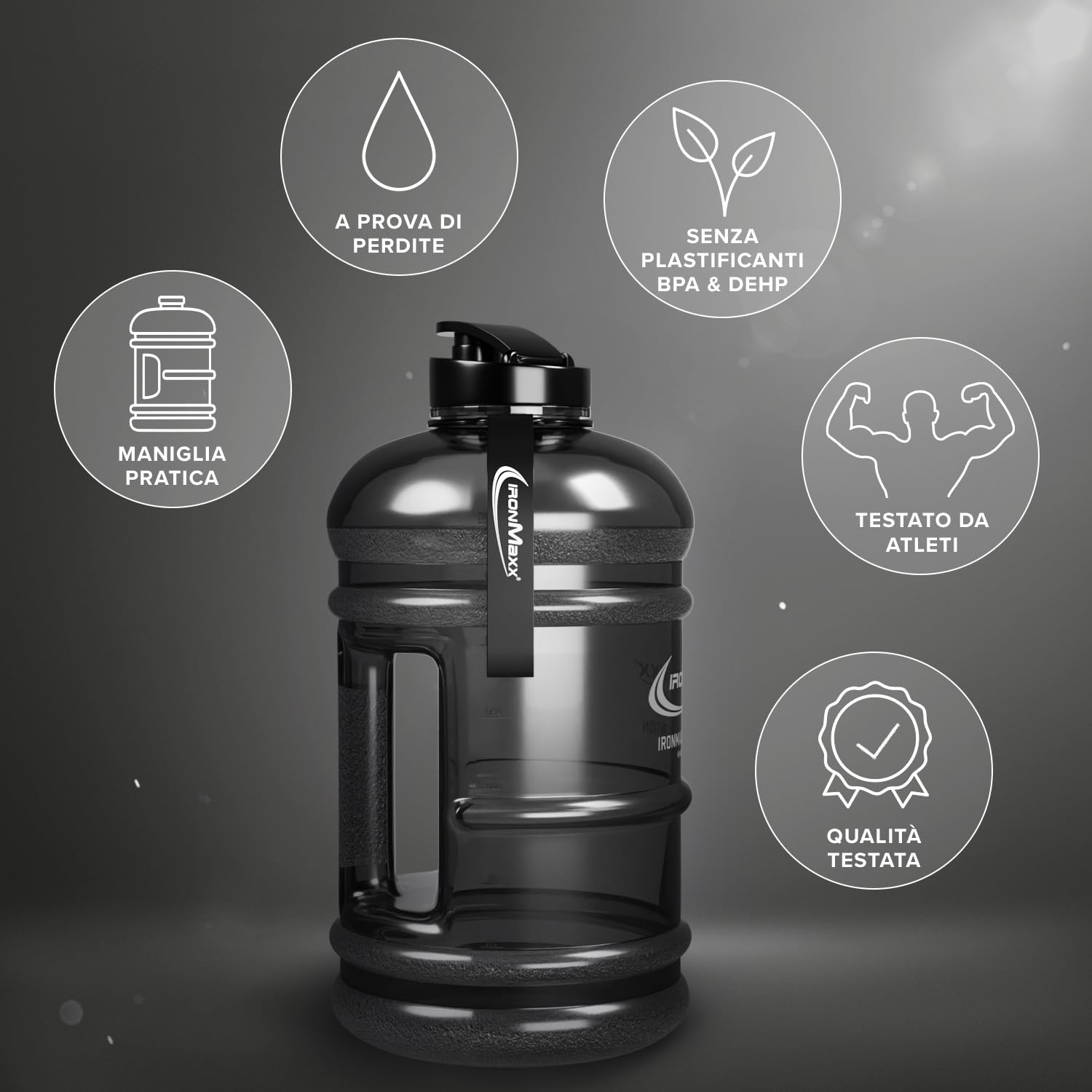IronMaxx Water Gallon - Borraccia da 2200 ml a Prova di Perdite - Priva di BPA - Adatta per lo Sport - Grigio