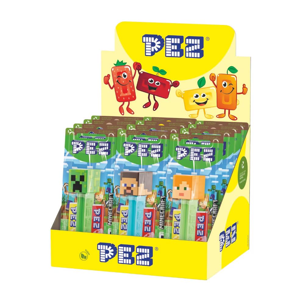PEZ Minecraft Character Sweet Dispensers, Strawberry & Lemon Flavoured, 2 x 8.5 g Refills (Pack of 12)