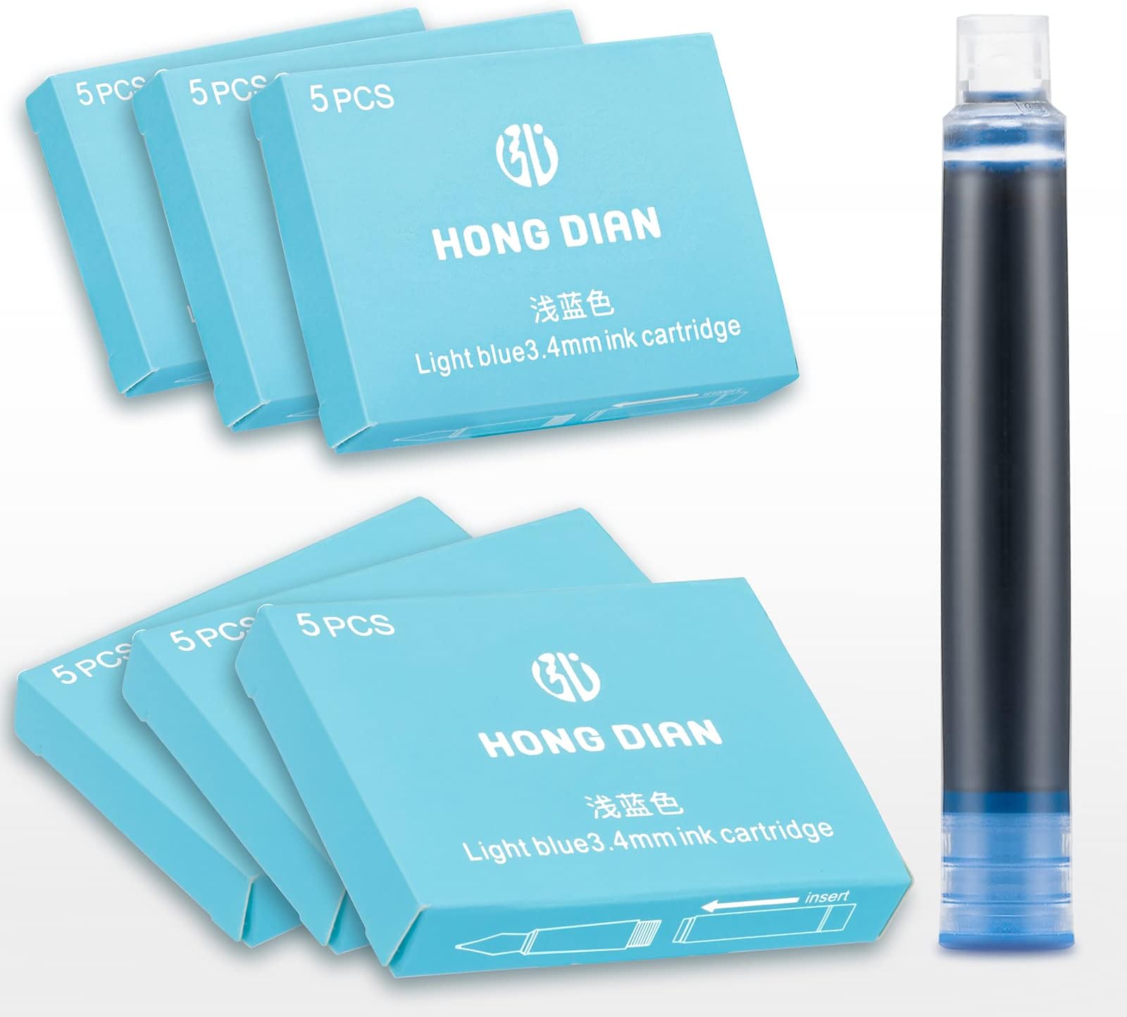 Asvine Hongdian Fountain Pen Light Blue Ink Cartridges, Set of 30 Refill Ink Cartridges, 3.4 mm Bore Diameter