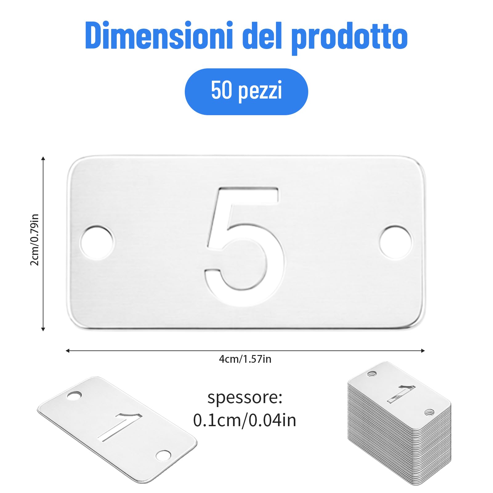 50 targhette numerate in metallo da 1 a 50 targhette rettangolari cave numerate con due fori per classificare e identificare gli articoli, 40 * 20mm