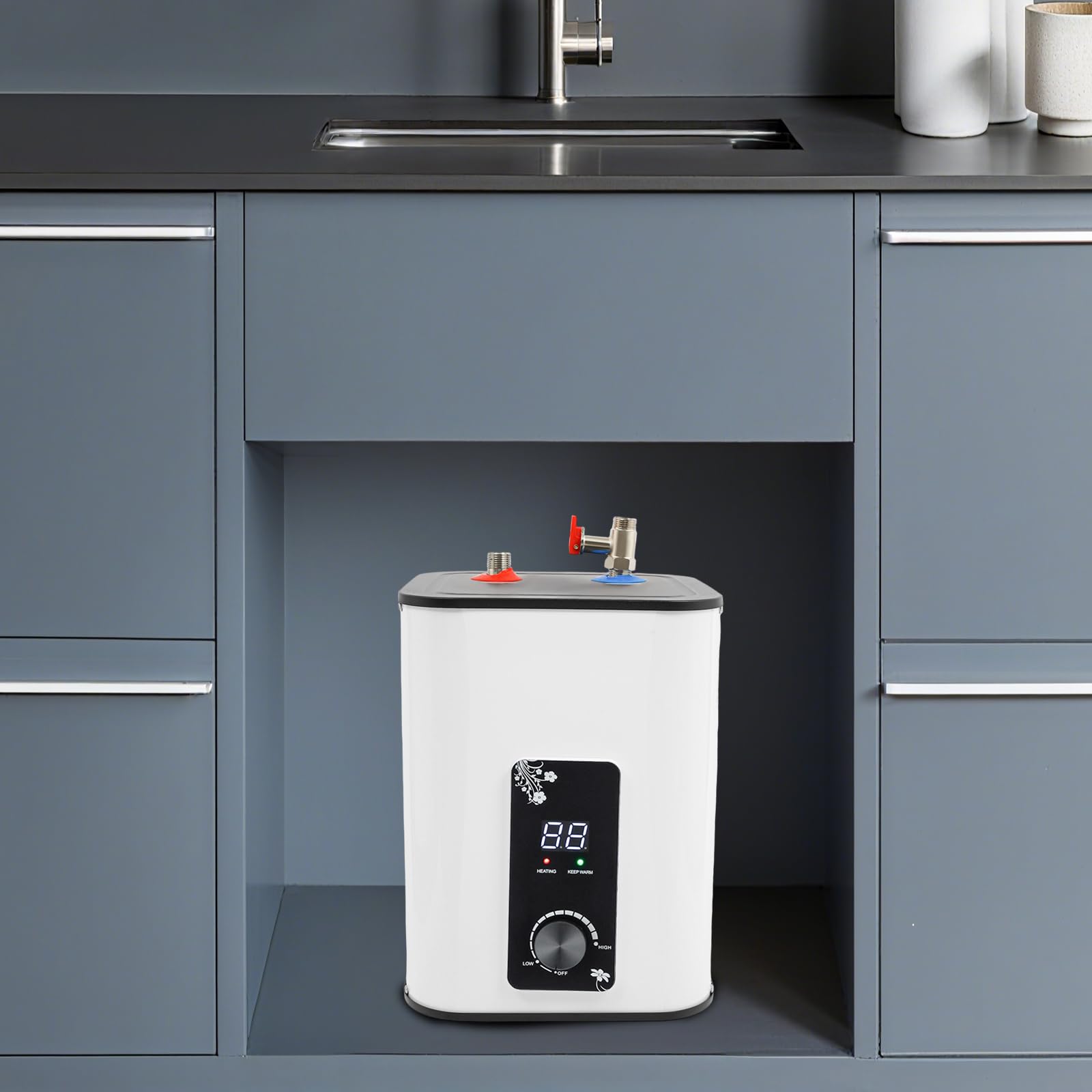 8L Warmwasserspeicher, Untertisch Boiler 1500 W Mini Elektro Warmwasserbereiter, Untertischgerät, Küchen Warmwasserbereiter, 0–65 °C Temperatureinstellung mit LED-Display für Küche Bad