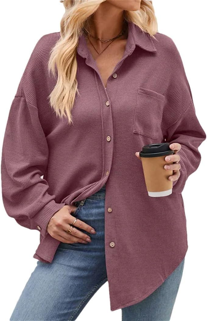 Women's Waffle Loose Shirts Long Sleeve Button Down Solid Blouses Work Office Elegant Tops with Pockets