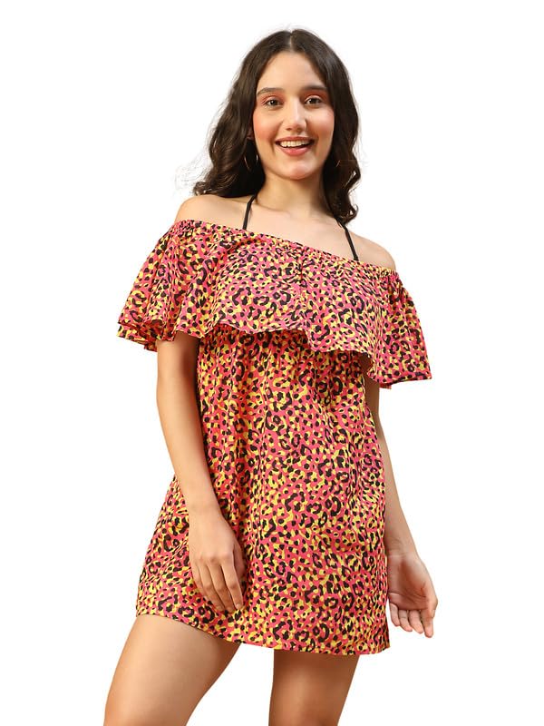 oxolloxo Women Multicolor Animal Print Elasticated Off Shoulder Ruffle Detail Becahwear Kaftan-picture-12