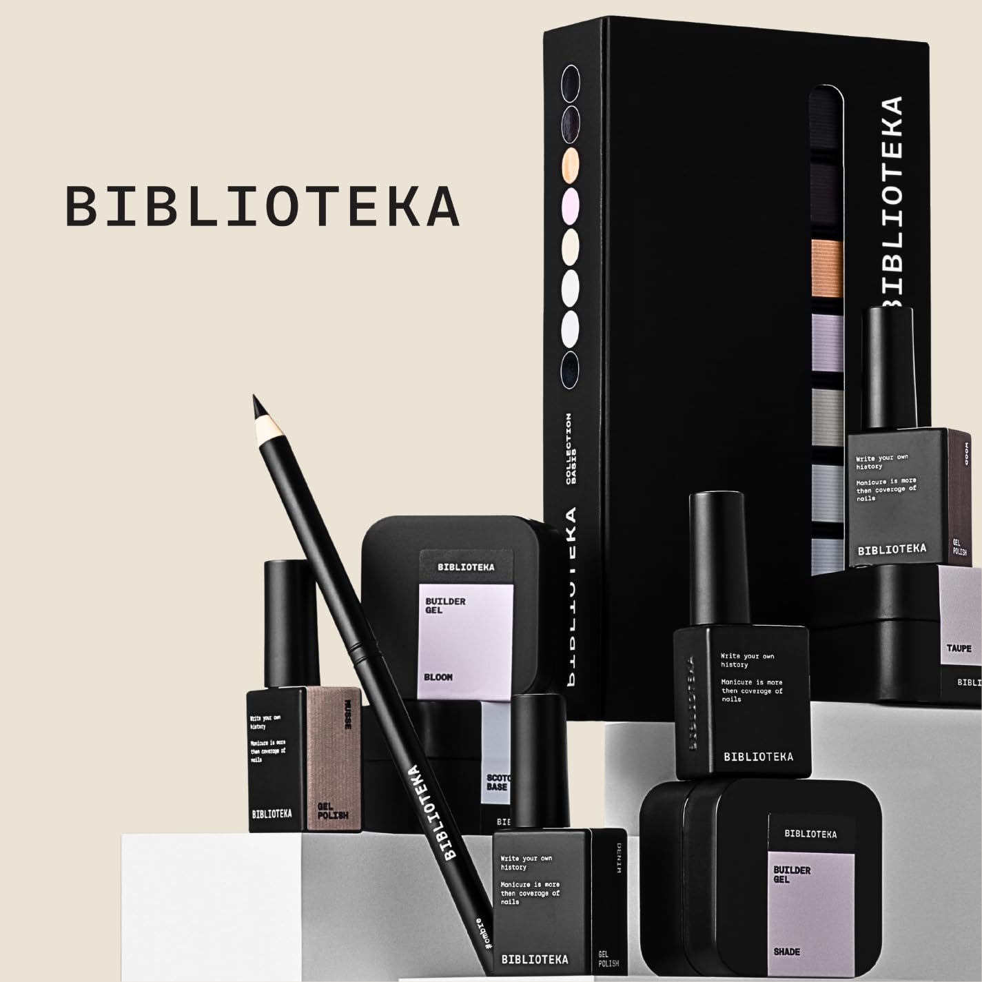 BIBLIOTEKA Colección LUMIÈRE BLANCHE Set Esmaltes Semipermanentes y tops coat shimmer. Fácil autonivelado, cobertura uniforme. 6 Tonos claros pasteles y 2 tops sin capa pegajosa, 8 uds de 10 ml.