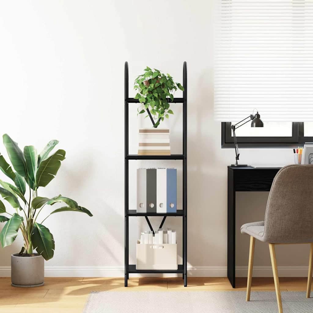 Libreria a 4 ripiani, 40 x 30 x 146 cm, in legno con telaio in acciaio nero, per soggiorno e ufficio, per riporre oggetti e ordine