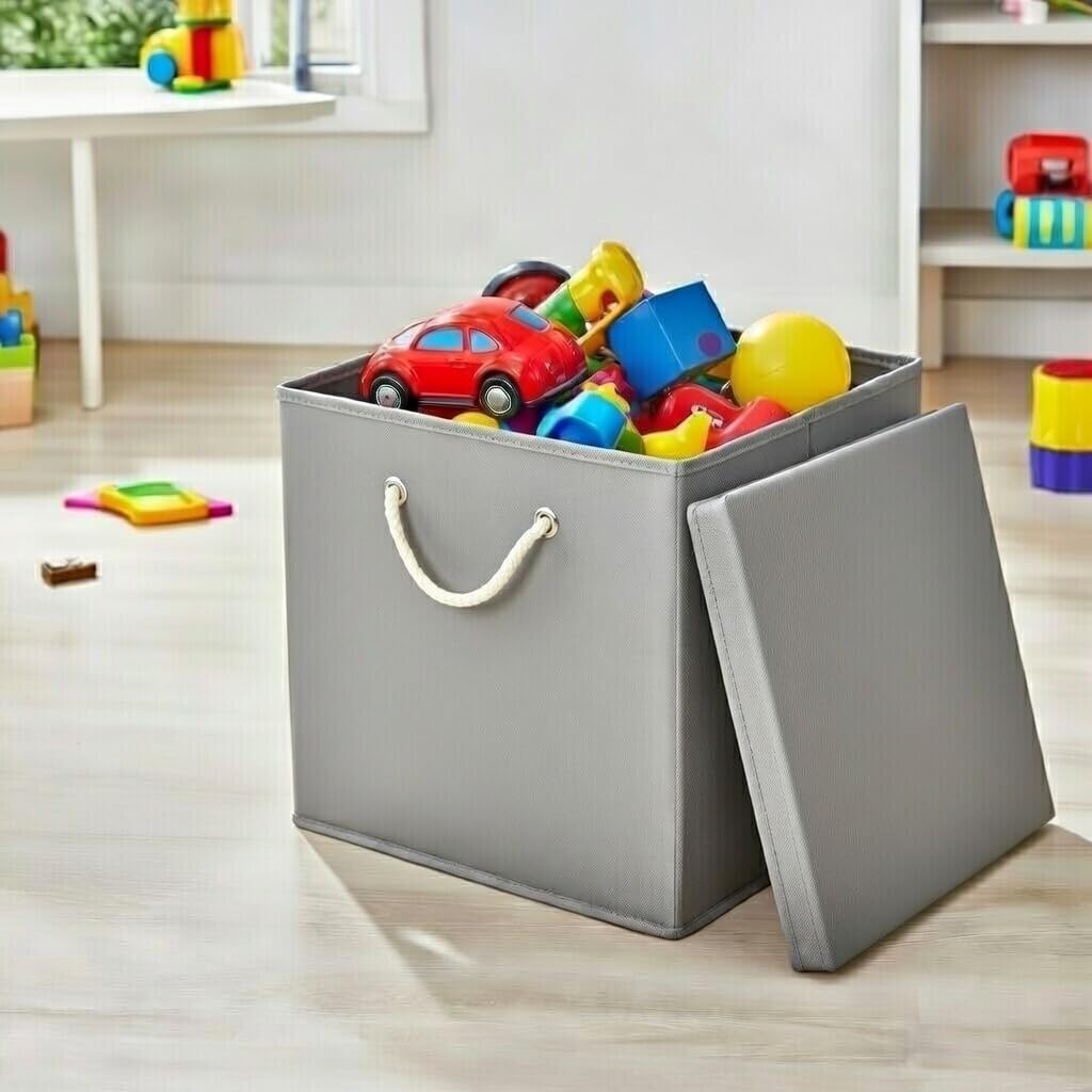 6er Set Hellgrau Faltbox 30 x 30 x 30 cm Aufbewahrungsbox faltbar mit Kordel und mit Deckel