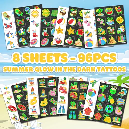 Image of 96 PCS Hello Summer Pre-Cut Luminous Glow in the dark Temporary Tattoos | Super Cute Themed Birthday Party Favors Supplies Decorations, Beach Pool Hawaiian Fake Tattoos Gifts for Boys Girls
