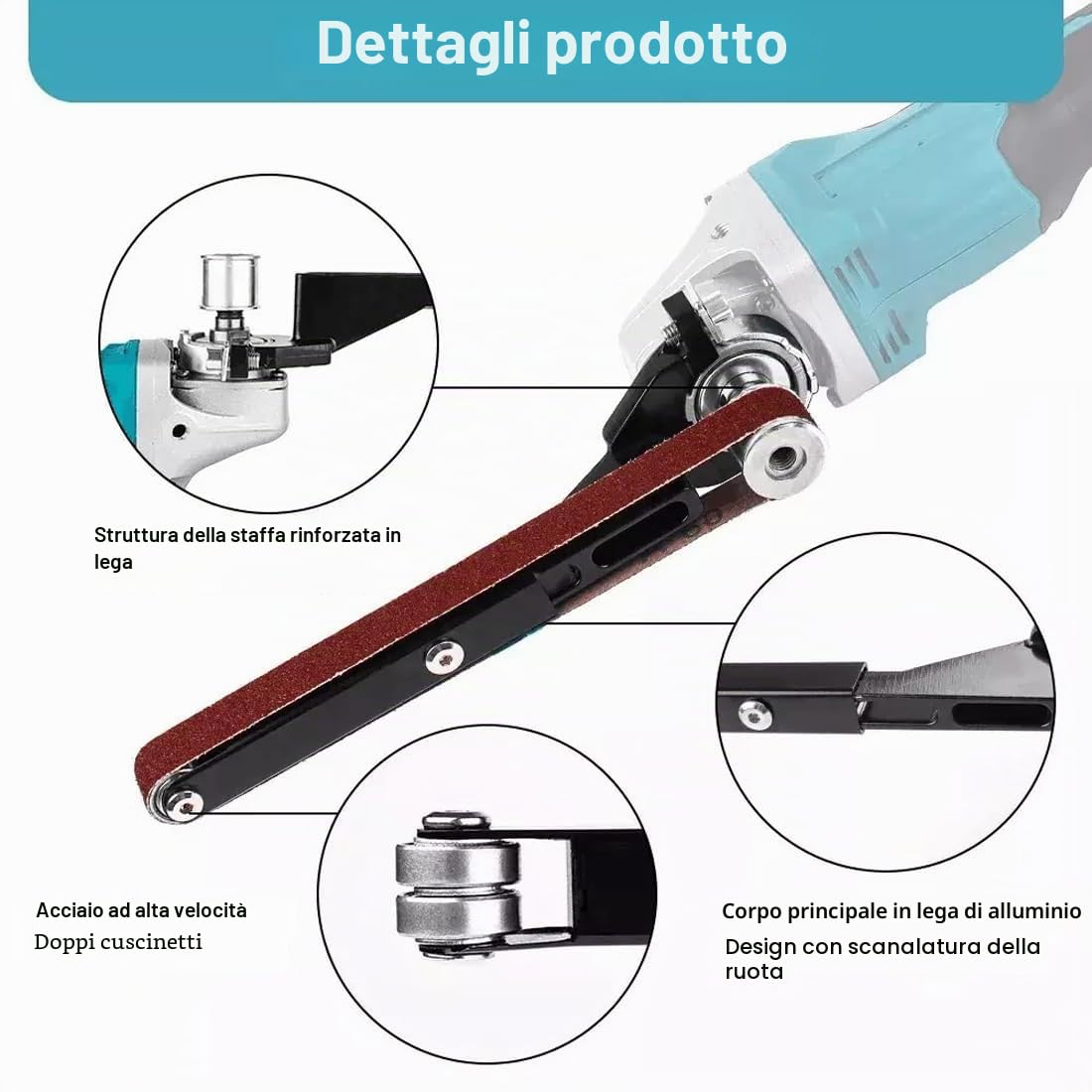 Mini smerigliatrice con 6 cinghie abrasive (60/120 ogni 3 pezzi), lucidatrice multifunzione senza fili, mini levigatrice fai da te per smerigliatrici angolari elettriche da 100/115/125 mm
