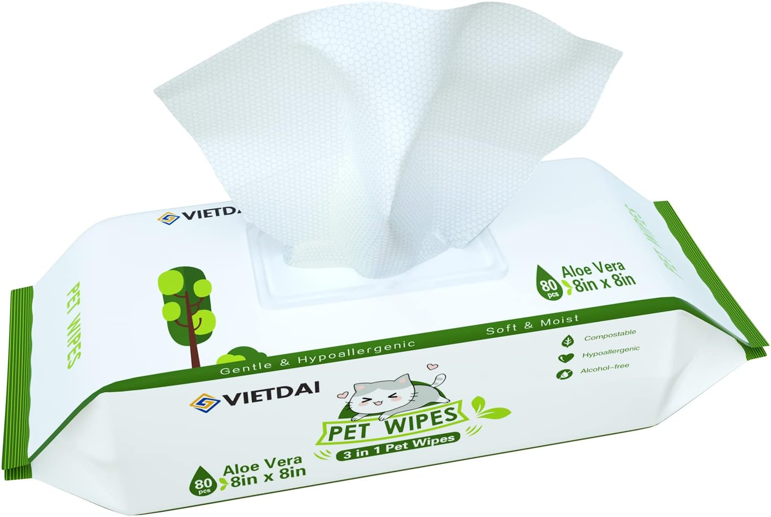 VIETDAI Cat Wipes Dog Wipes Hypoallergenic Pet Wipes for Dogs Paws Cleaning Deodorizing, Thick Large Puppy Wet Wipes for Eyes Ears Face Body 80 Count