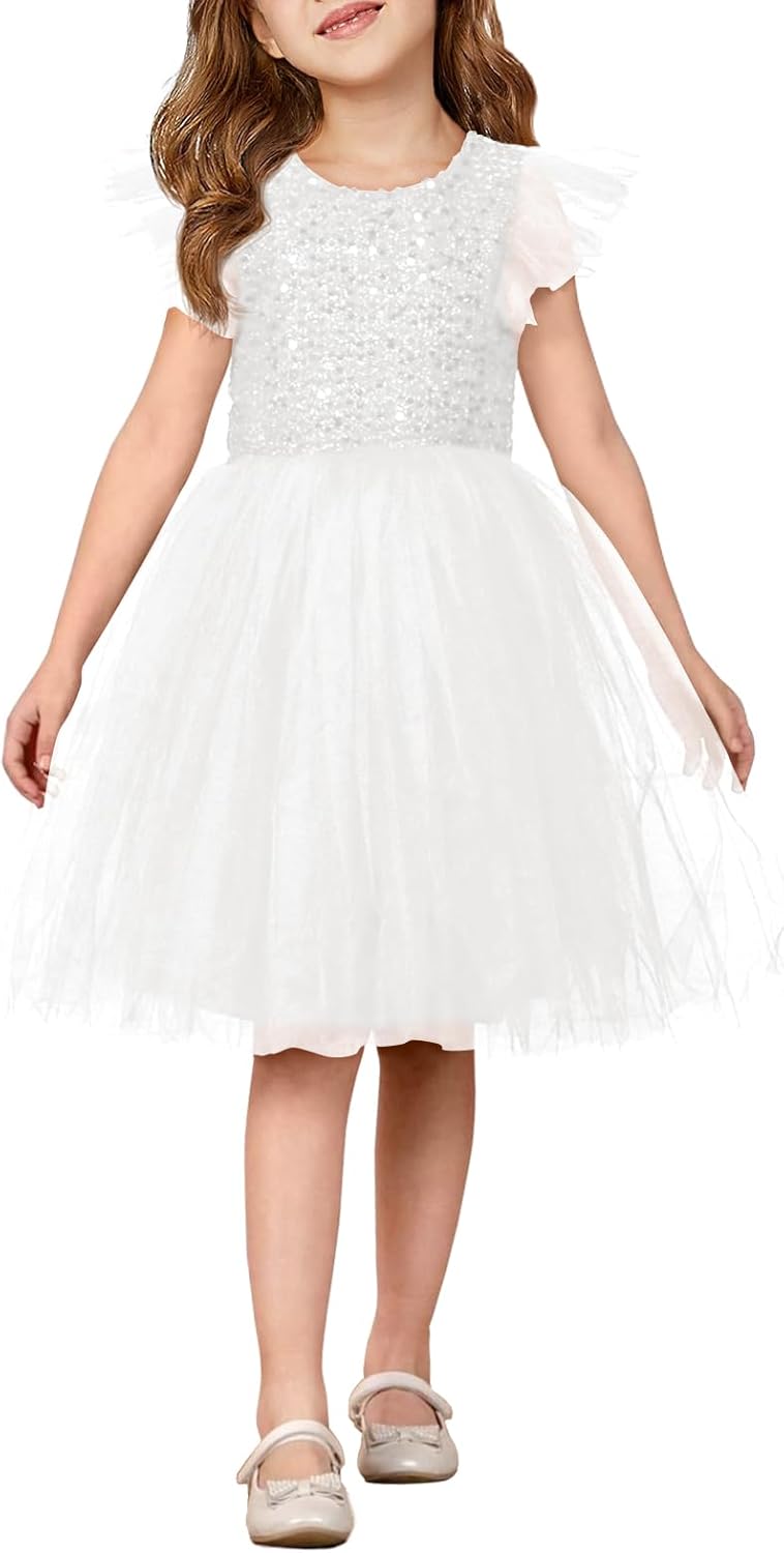Girls Sequin Tutu Dress Kids Sparkly Flutter Sleeve Party Tulle Dresses 5-14 Years