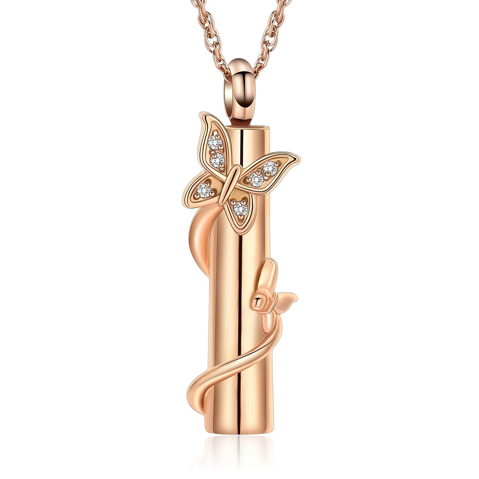 ADENLA Cremation Jewelry Butterfly Urn Necklace for Ashes for Women Cylinder Bar Urn Locket Ashes Keepsake Necklace of Loved One-Rose gold