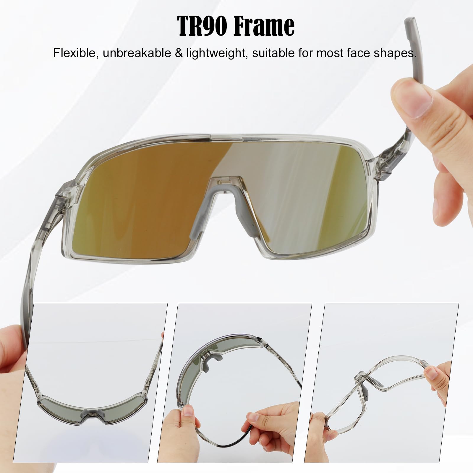 Polarisierte Fahrradbrille, Sportsonnenbrille mit 3 Wechselgläsern, beschlagfreie Brille mit TR90-Vollrandrahmen für Damen und Herren zum Wandern, Angeln, Baseball und Golfen