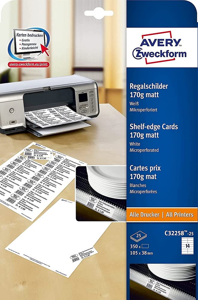 Avery Zweckform C32258-25 Shelf-Edge Cards Uncoated Micro-Perforated for Price and Scanner Shelf Edges 170 g 105 x 38, 25 Sheets White