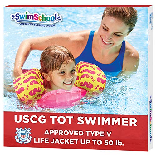 SwimSchool USCG Approved TOT Swimmer, Arm Floaties, Puddle Jumper, Type V Life Jacket/PFD, Medium/Large, Pink/Yellow Seahorse
