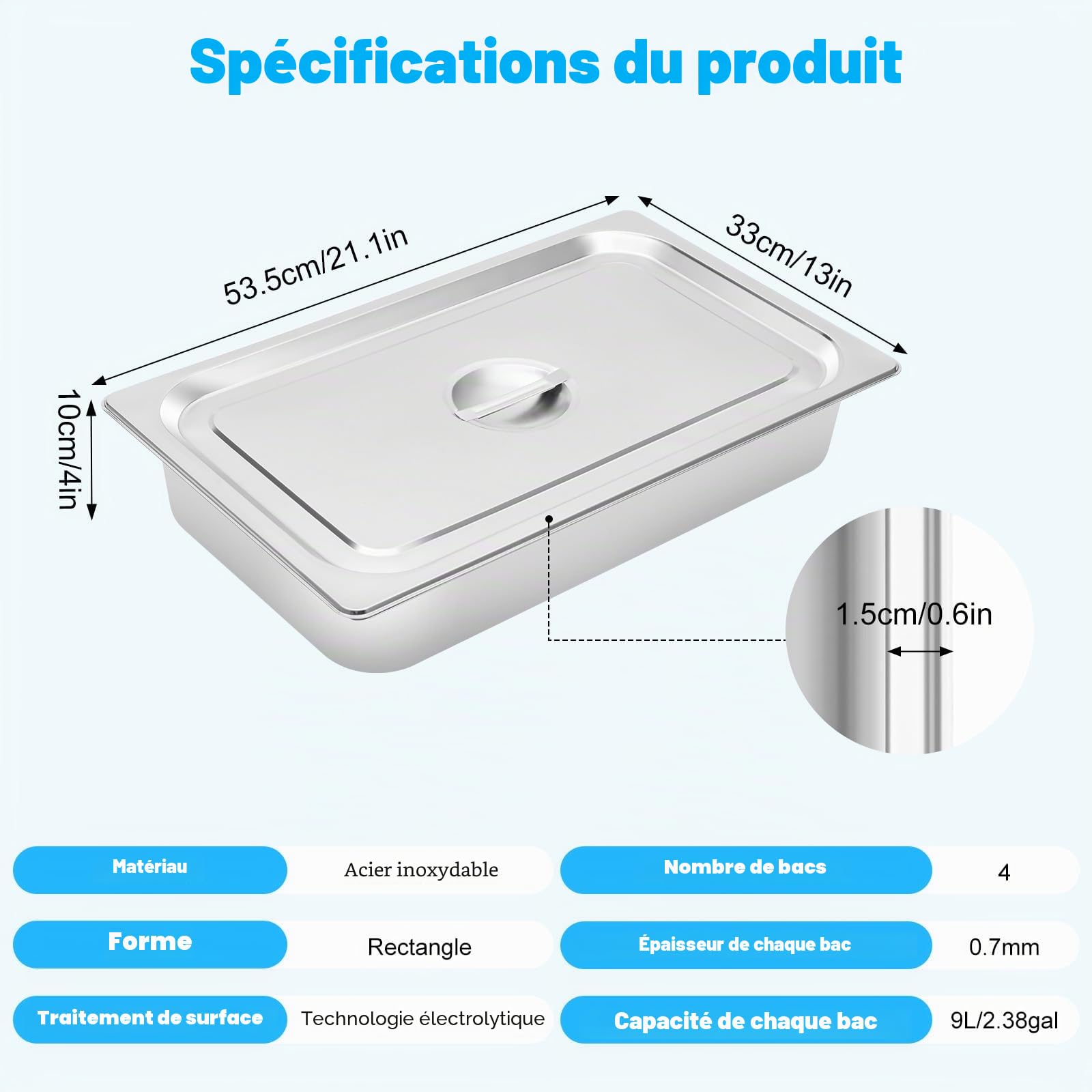 Bac INOX Alimentaire Lot de 4 Plats à Four en Acier Inoxydable 9L Épaisseur 0,7mm Bac Poli Rectangulaire Effet Miroir Aliments Chauds et Froids pour Cuisine de Restaurant Gril Gâteaux