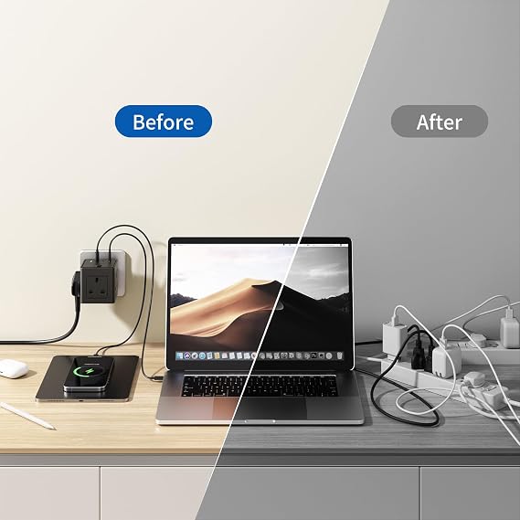 Plug Extension Socket with 4 USB, 3 Way Multi Plug Adapter UK, USB Wall Plug Charger, 3 Pin Plug Expander for Home, Office