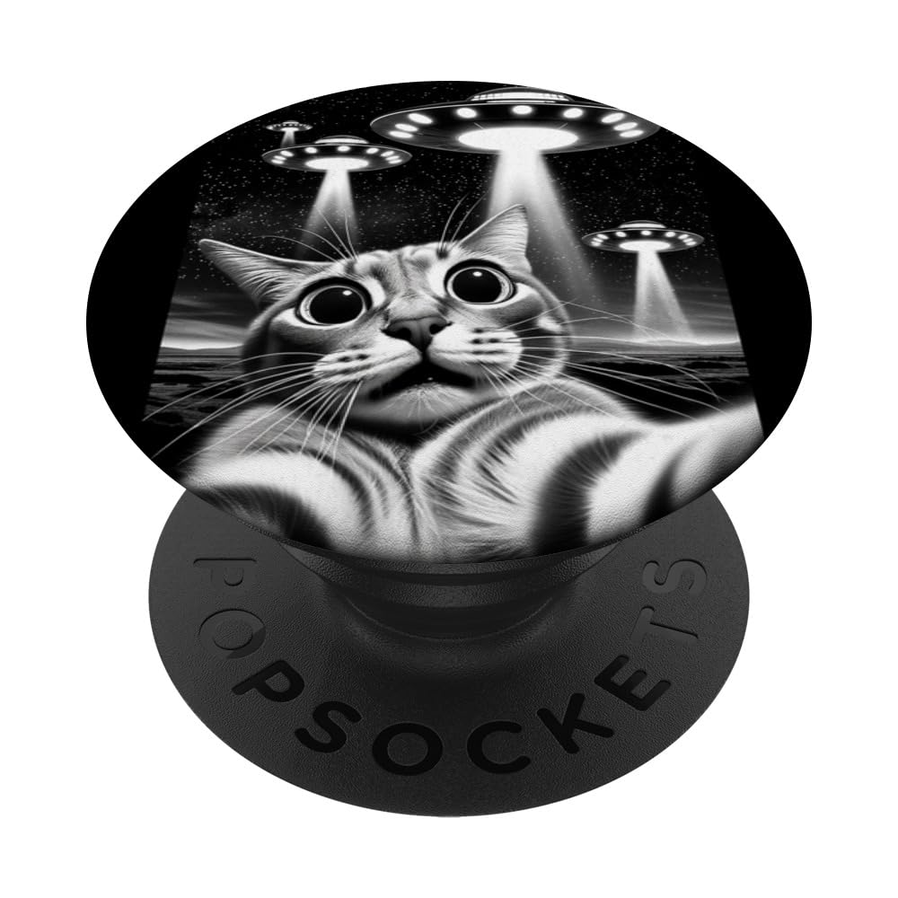 Cat UFO | Funny Invasion Meme Retro Alien Cat UFO Selfie PopSockets Adhesive PopGrip