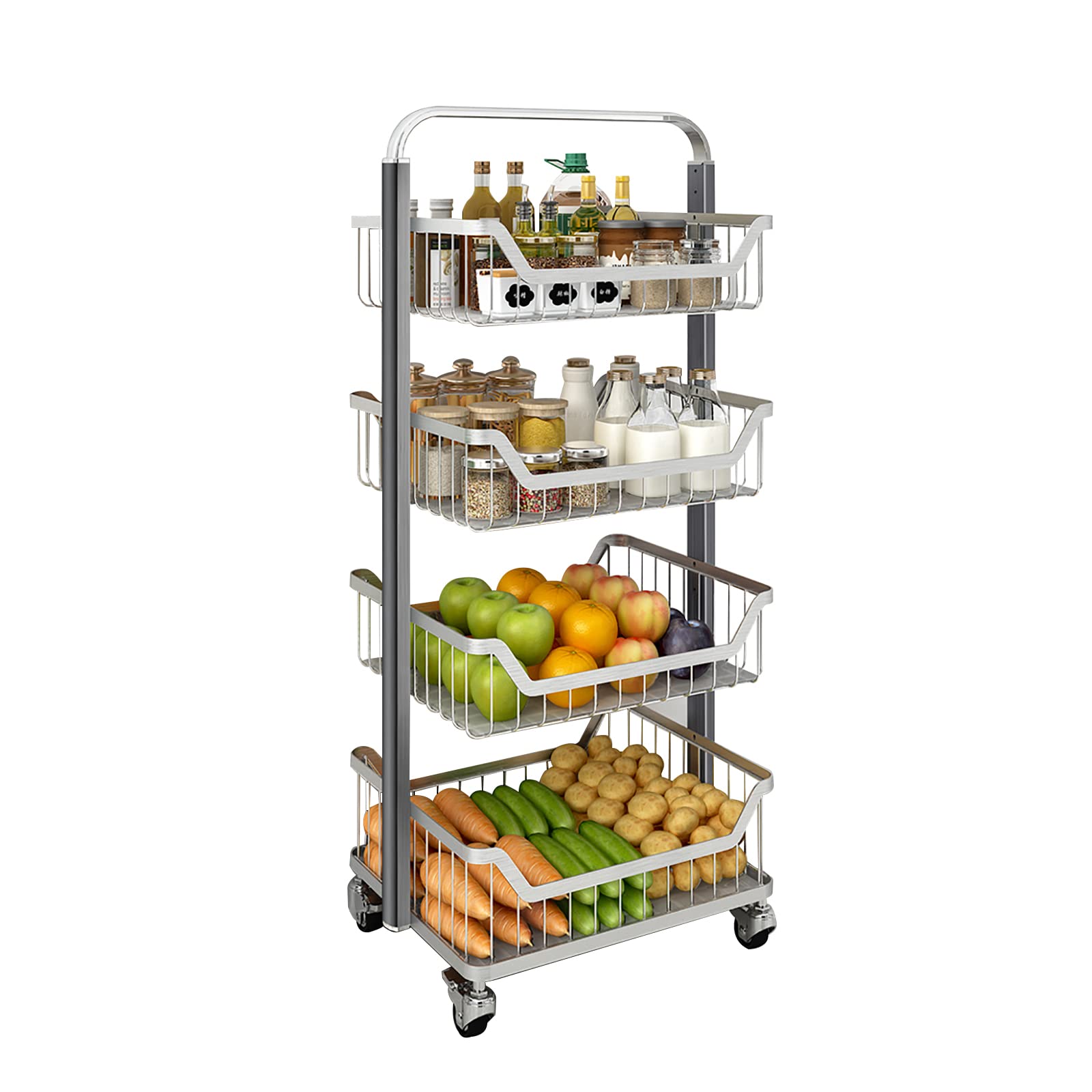 SRHWBF Carrello da Cucina Scaffle da Cucina a 4 Ripiani in Metallo Carrello Portaoggetti Salvaspazio con Rotelle a 4 Scomparti Cestino per Frutta Cestino Portaoggetti per Garage Casa