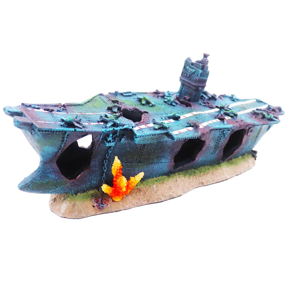 Ulifery Aquarium Shipwreck Sunken Pirate Ship Resin Fish Tank Decorations Aircraft Carrier for Betta Super Large XXL for 55-75 Gallon Tank