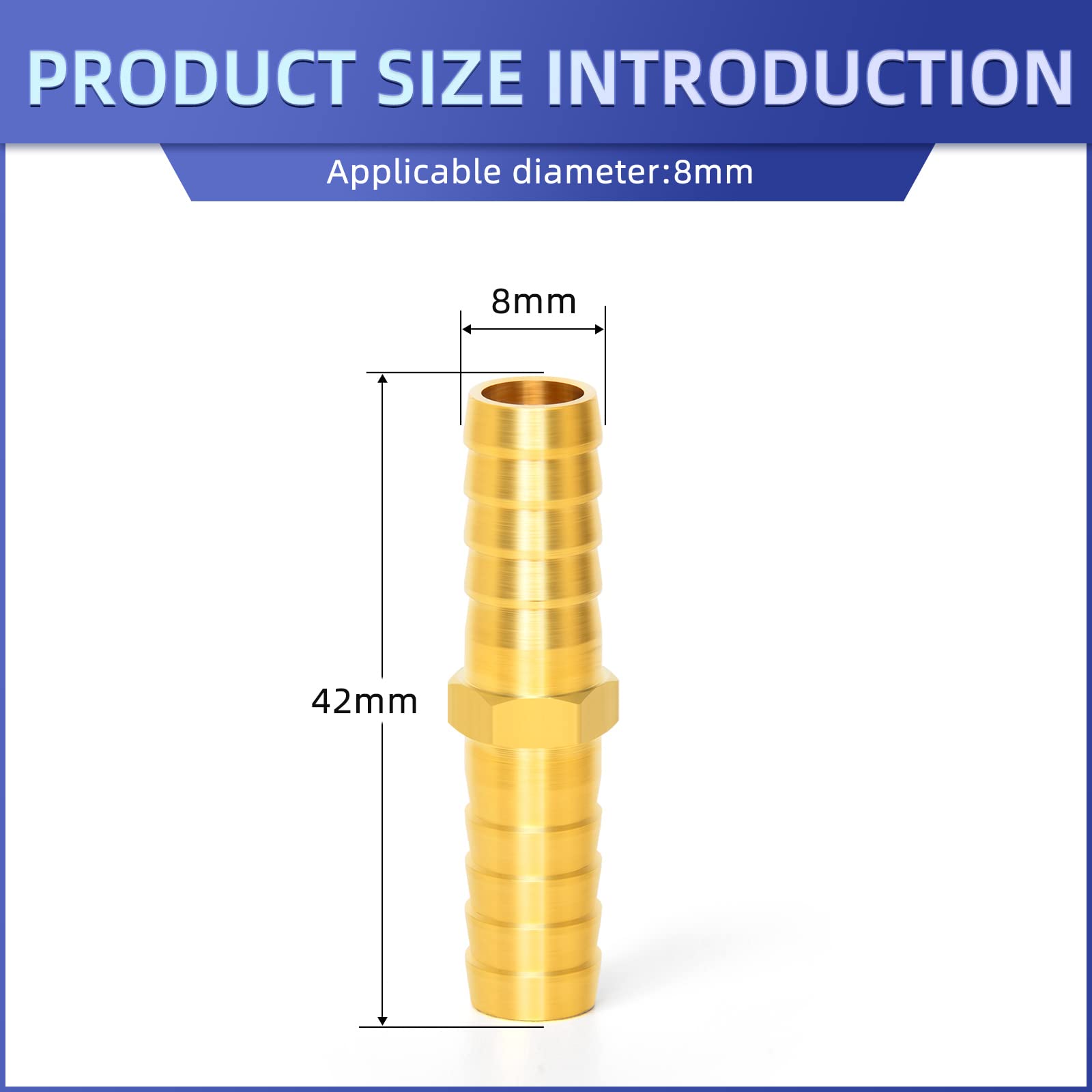 ERGAOBOY 5 Pcs 8mm Brass Hose Barb Connector, 2 Way Straight Hose Fitting with 10 Pcs Clamps, Gold, 8MM (I) - Image 2