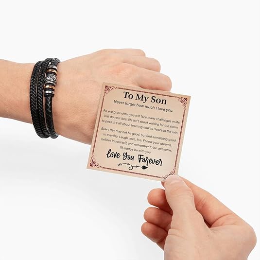 "To My Son" Bracelet Gift Set - Stainless Steel & Vegan Leather Bracelet With Message Card And Box