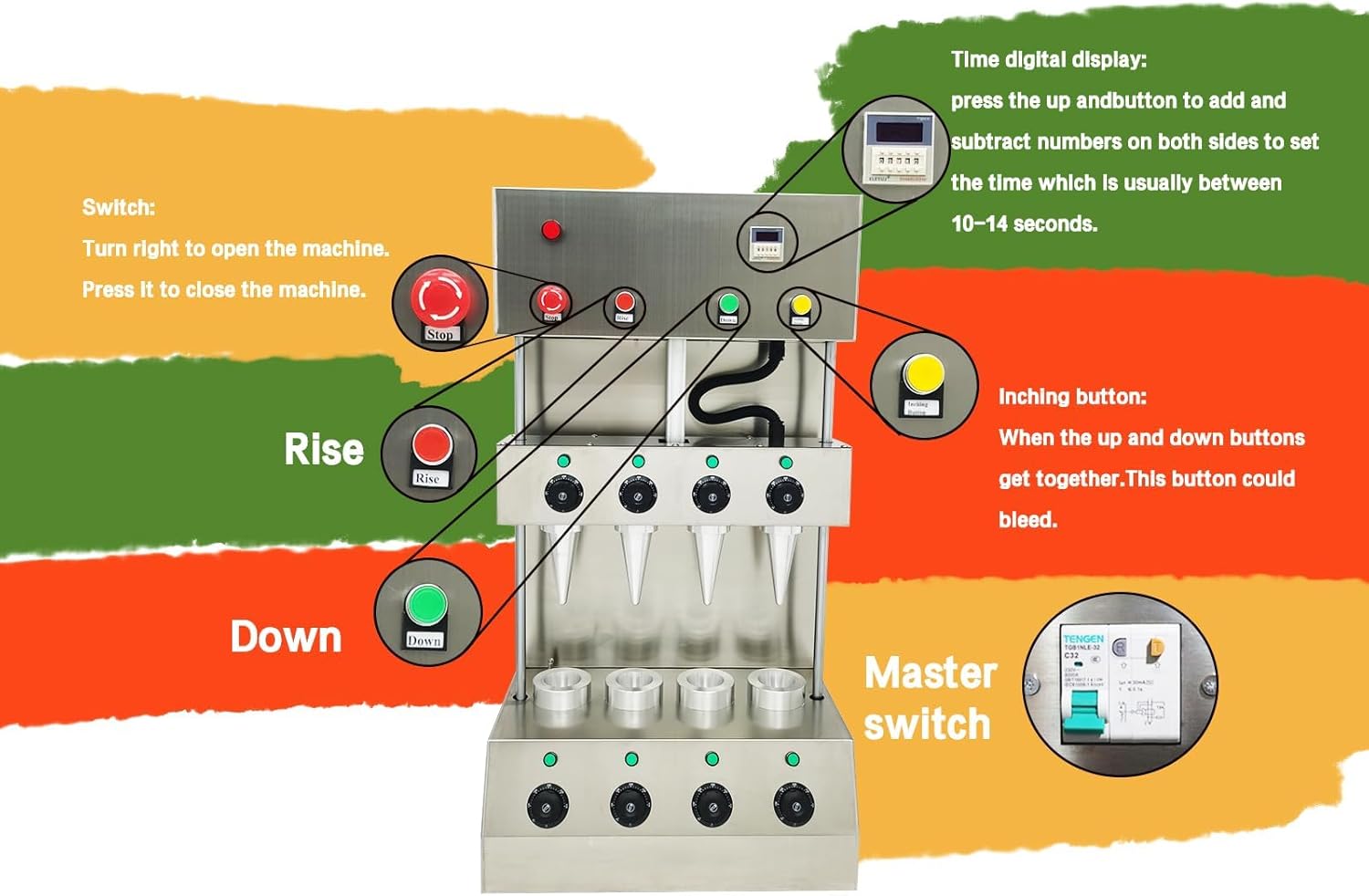 Pizza Cone Forming Machine 4 Cone Molds Maker 2600W Stainless Steel Commercial Handheld Pizza Cone Maker Max 300℃ for Restaurant
