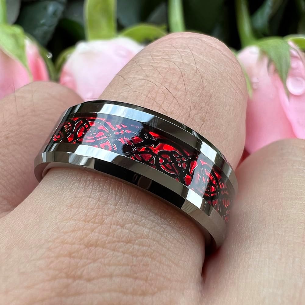 TUTISS 6mm 8mm Gunmetal Tungsten Rings for Men Women Wedding Bands Red Greeb Carbon Fiber Celtic Dragon Inlay Beveled Edges Polished Comfort Fit