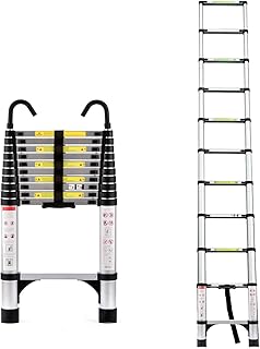 10.5ft Aluminum Retractable Ladder, Telescoping Ladder with Dual Safety Locks & Hooks, 330lbs Capacity Foldable Ladder for Attic, RV, Home Maintenance, Compact Storage