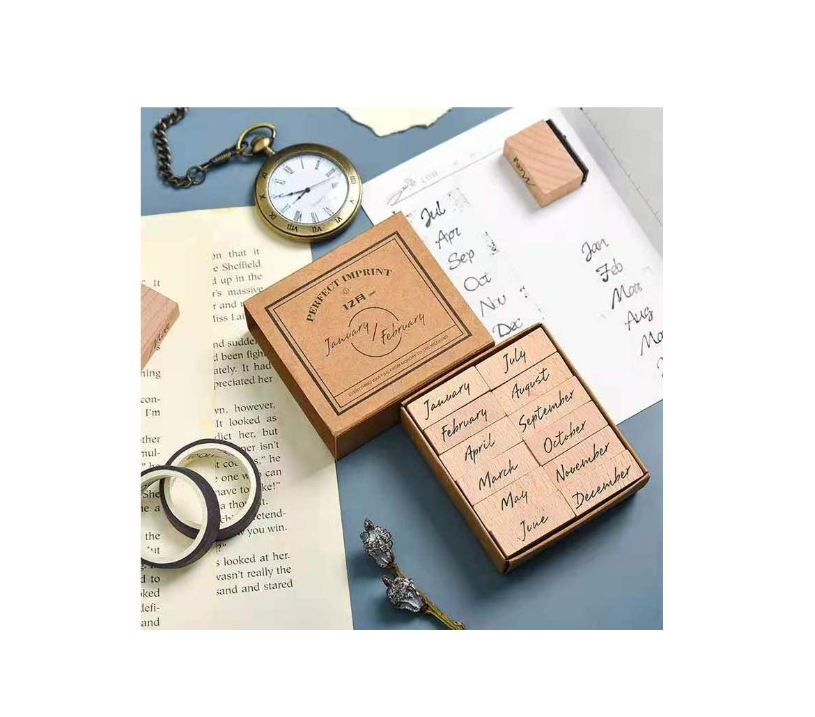 celloexpress Wooden Mounted Ink Stamper - Christmas Crafts, Occasions, Everyday, Sets, Office, Fun (12 Month Set - 3cm x 1cm per Piece) โ image 1