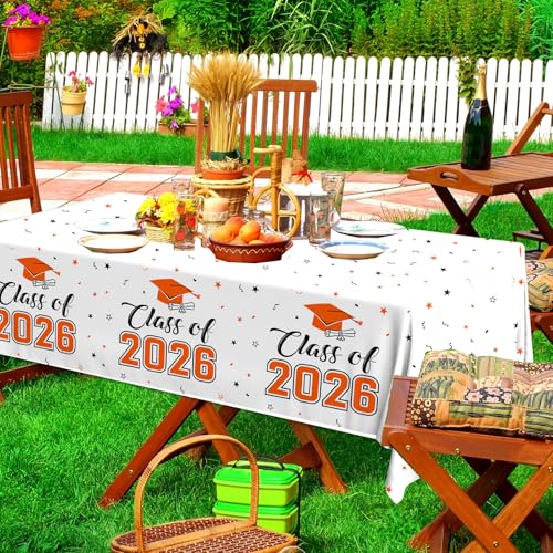 Image of 2026 Graduation Decorations,Congrats Grad Tablecloth 2pcs White Orange Class of 2026 Table Covers Rectangle for Graduation Party Supplies,108x54inch (Orange)