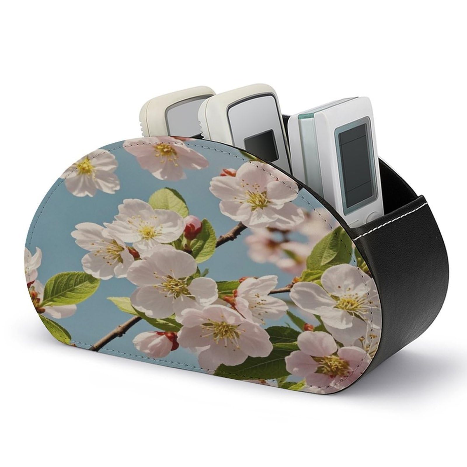 FekiLoot Leather TV Remote Control Holder with 5 Compartments Multifunctional TV Remote Holder Bedside Table Remote Caddy Storage Box Japanese Floral Cherry Blossom Remote Organizer for Home Office