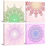 4 Pieces Boho Wall Art Bathroom Square Mandala Framed Paintings Pictures Vintage Flower Canvas...