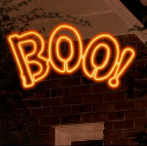 JUSTPRO Large 36x17 Inch Super-Bright 666LED Boo Neon Motif Orange LEDs Outdoor Halloween Decoration with UL Standard Adaptor Waterproof for Outdoor