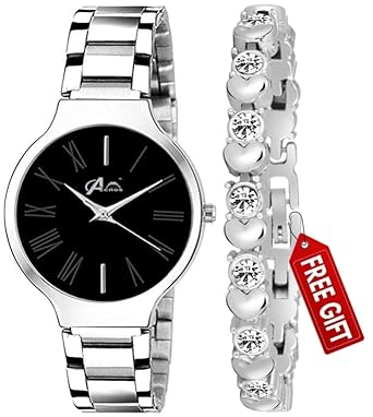 Acnos Brand - A Branded Watch 4 Dial Black-Blue-Pink-White Stainless Steel Silver Band Wathces with Heart Diamond Silver braclet and Watch for Women Watch for Girls