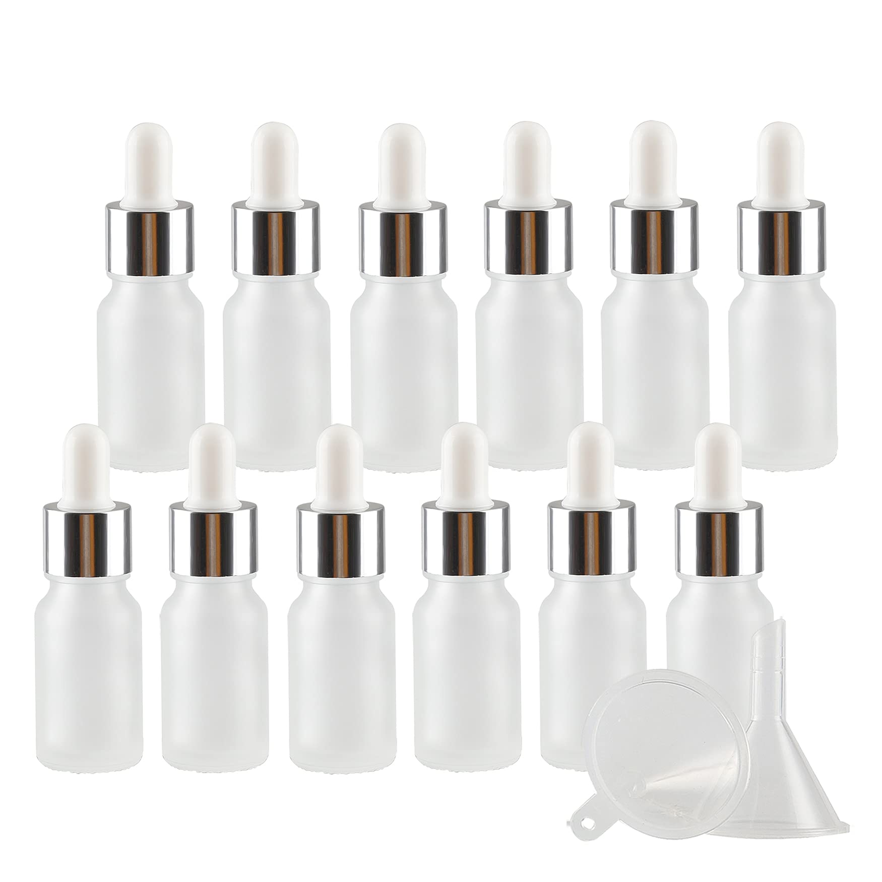 24 Pièces 10ml Flacons en Verre Transparent Mat avec Pipettes, 10 ml Bouteilles Compte-gouttes en Verre Vides avec Bouchon à Vis Argent Pour Les Huiles Essentielles Aromathérapie