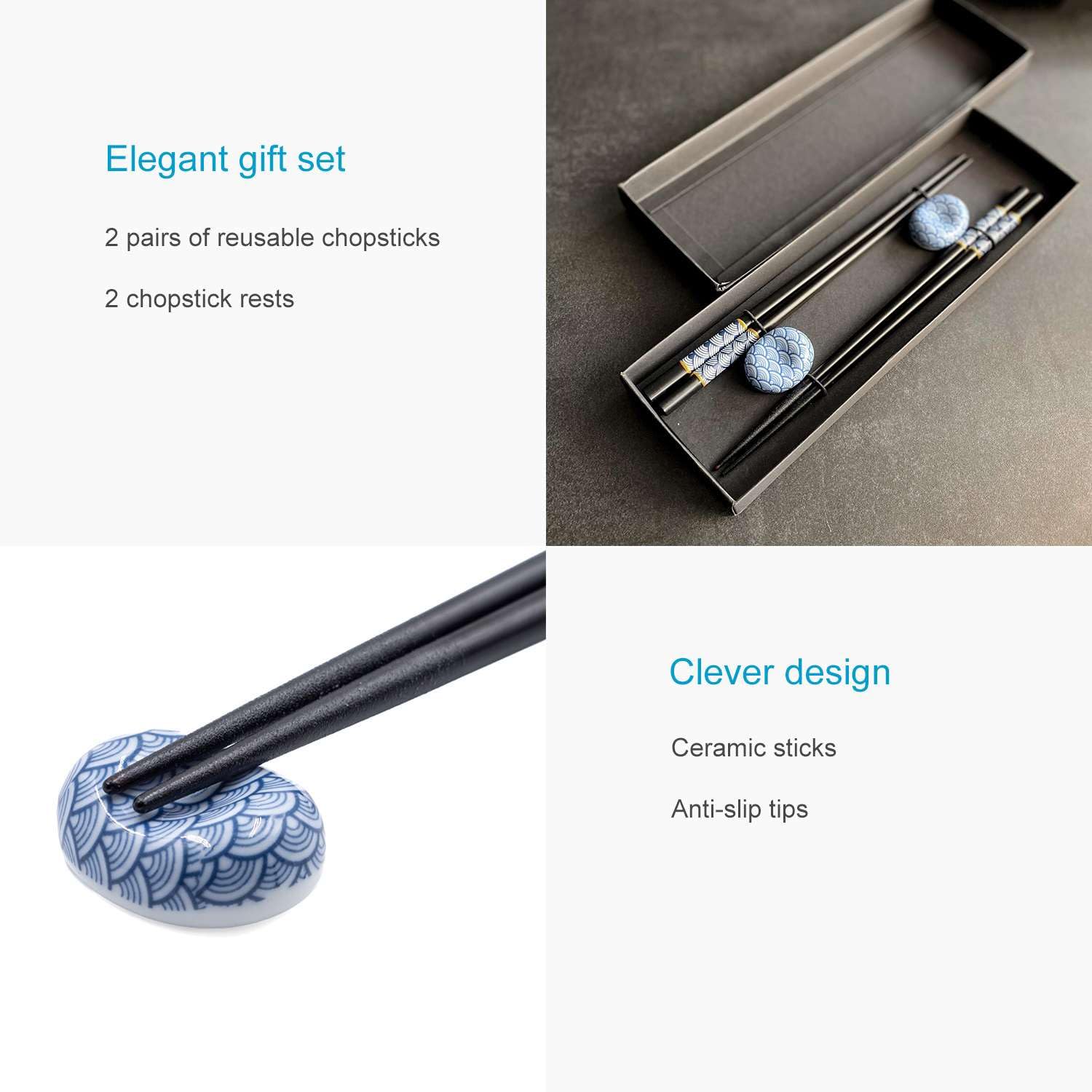 Intirilife Ensemble de Baguettes en Noir avec motif en éventail Bleu - 2 paires de baguettes 22.7 cm de longueur avec 2 porte-baguettes 3.5x2.8x1.4 cm - Baguettes réutilisables pour Sushi Japonais