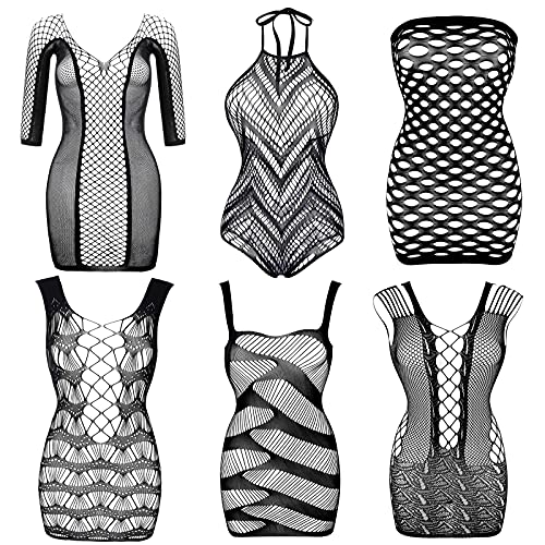 Women's Lace Dress Mesh Lingerie Floral Fishnet Bodysuits Lingerie Nightwear for Romantic Date Wearing (6 Pack)