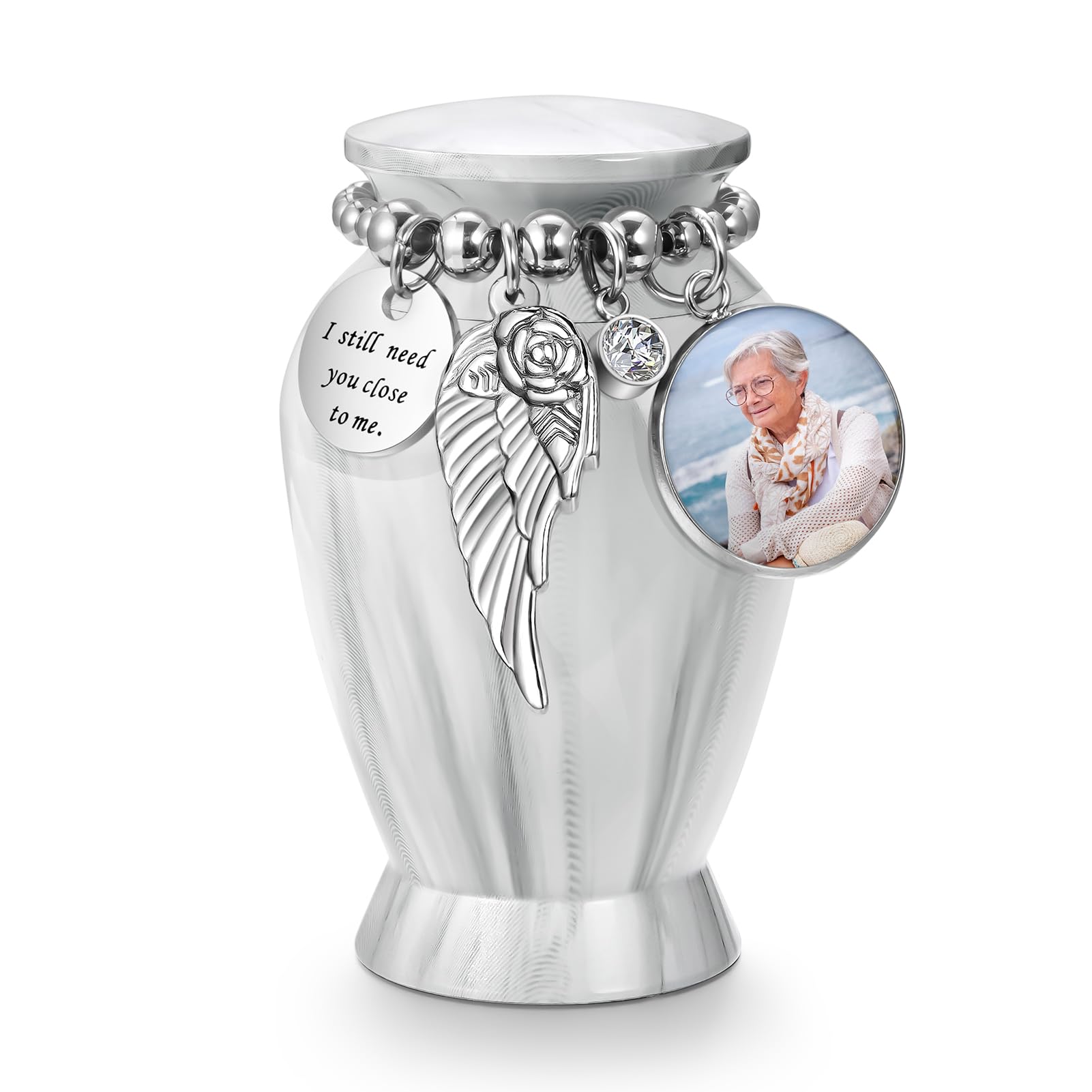 Dletay Personalized Small Urns for Human Ashes Keepsake 2.85 Inch Mini Cremation Urns for Mom Dad Aluminum Photo Sharing Urns-Marble White