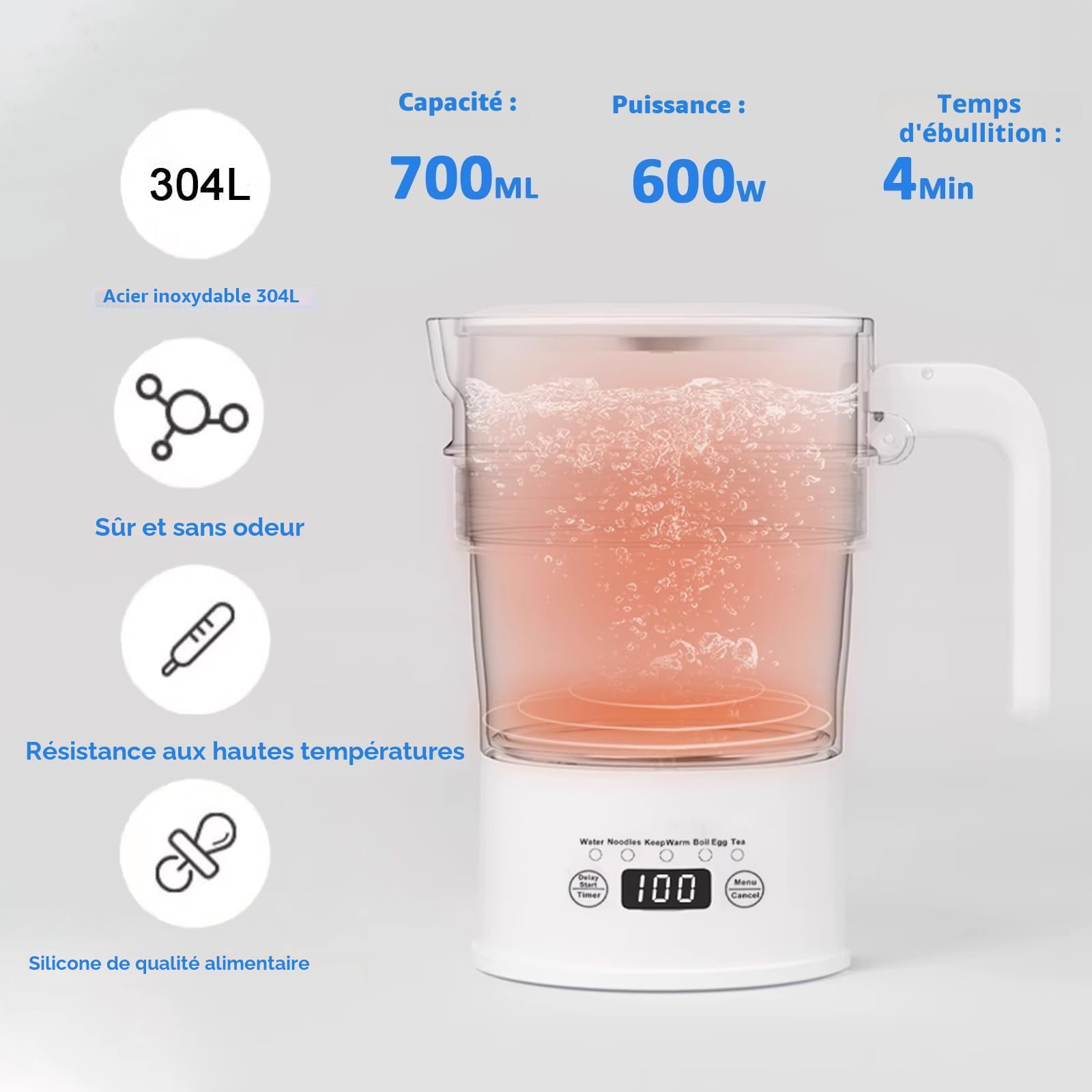 Bouilloire électrique pliable 0,7L acier inoxydable 316 1000W blanc sans BPA
