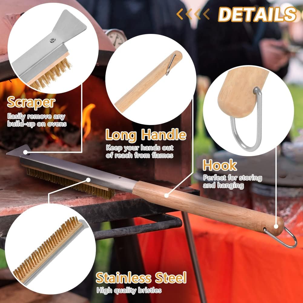 Spazzola per forno pizza da 52 cm, spatola in acciaio inossidabile, setole in ottone resistenti ai graffi, anello per appendere, spazzola per griglia con manico in legno, accessorio per forno pizza
