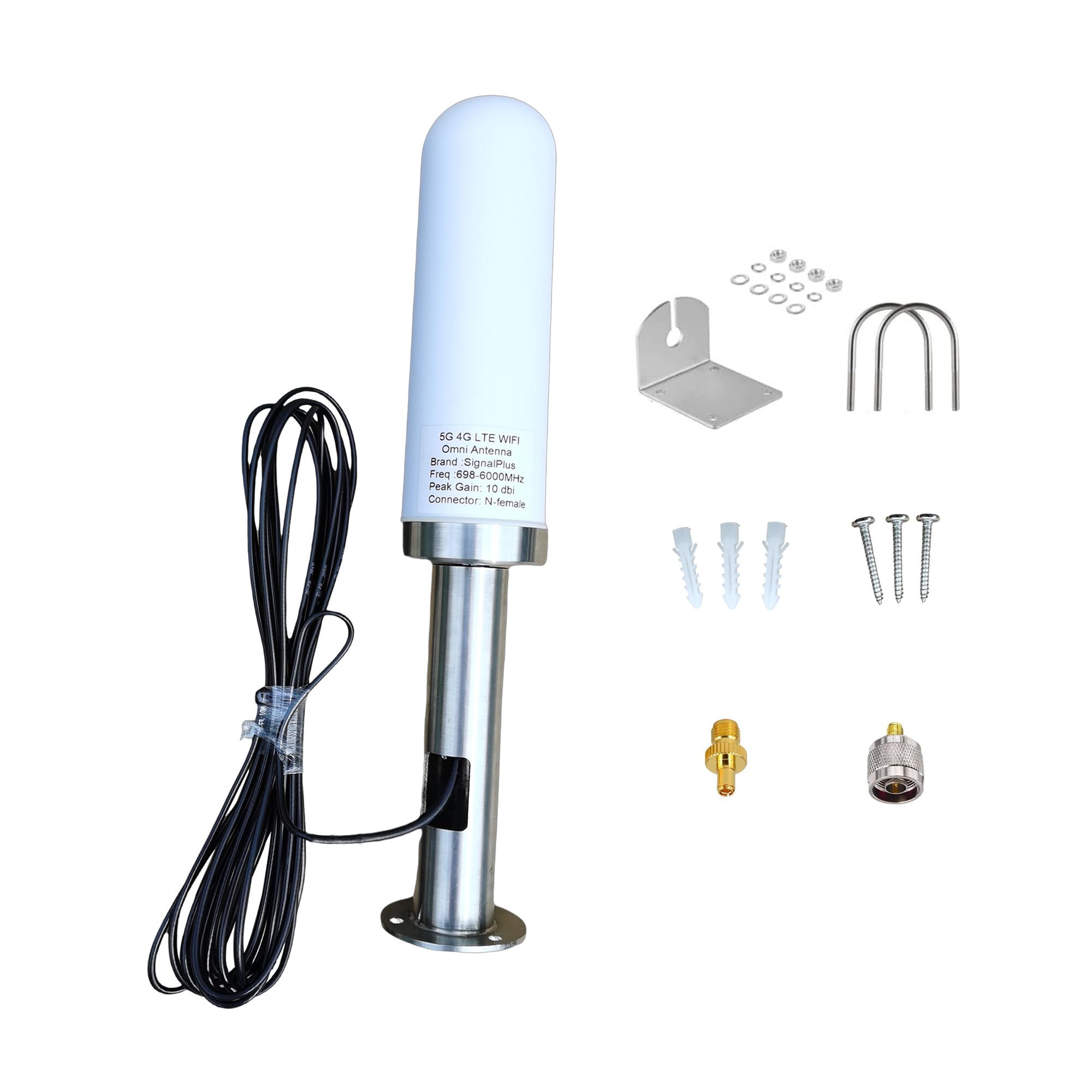Omni Directional Outdoor 4G 5G Antenna High Gain 10dBi for Verizon, AT&T, T-Mobile Routers and Cell Phone Signal Boosters & 32.8ft RG58 cable SMA/TS-9/N Male apeater with Stainless Steel Base