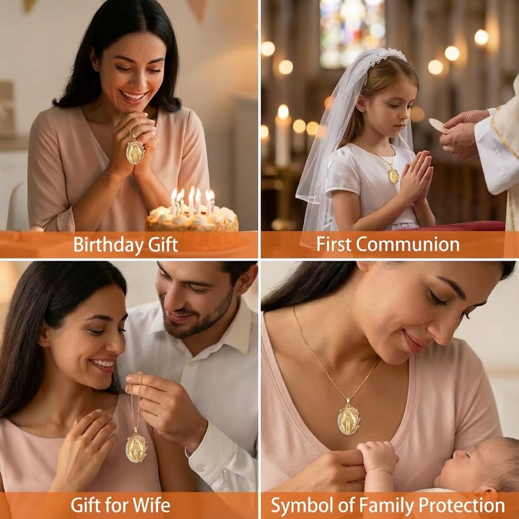 Elegant Virgin Mary Pendant Necklace, Gold Plated Oval Medal with CZ Stones and Floral Design, Inspirational Religious Jewelry Gift for Women, Christmas, Baptism, First Communion