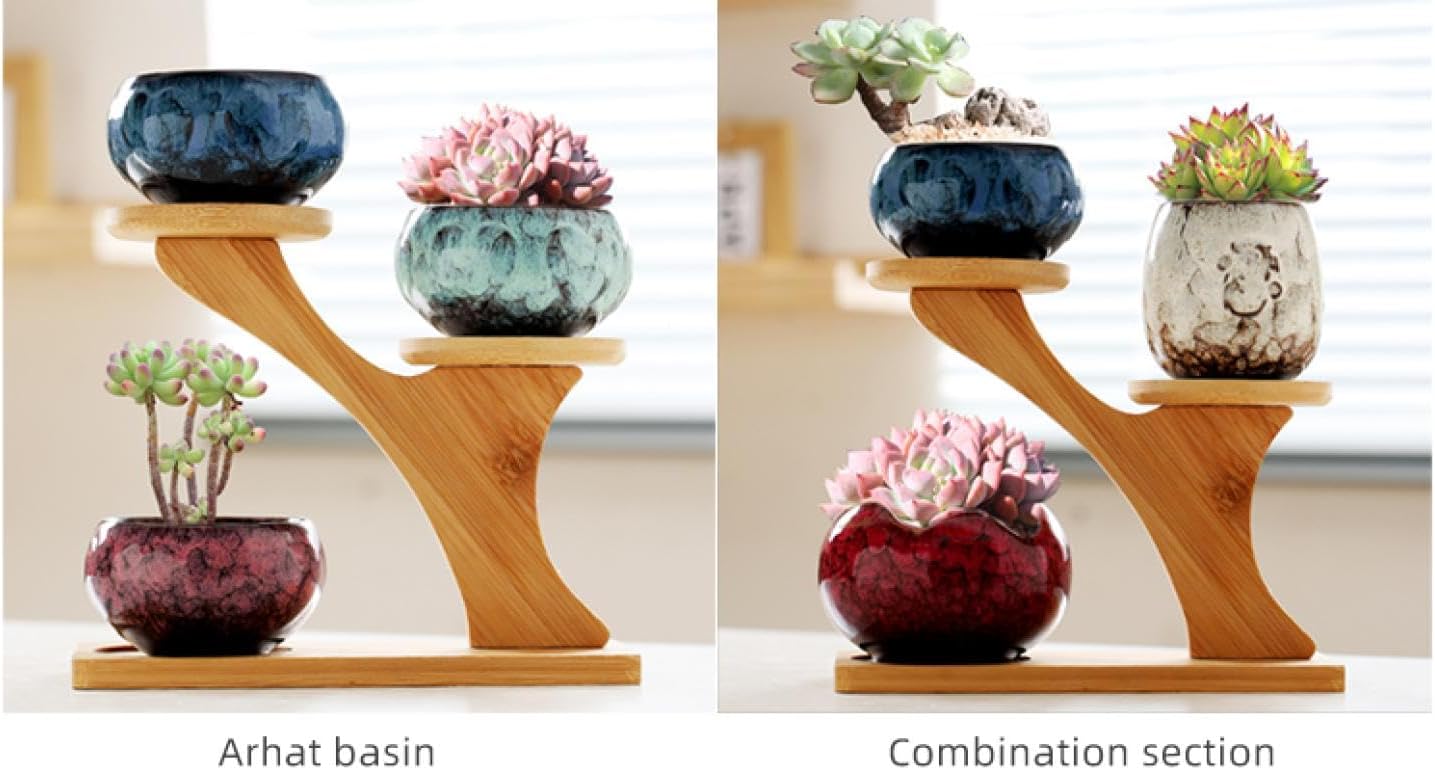 YYW Succulent Pots with Drainage Ceramic Plant Pot Indoor Small Flower Cactus Pots with Tree Tier Bamboo Stand Shallow Planter for Garden Windows Home Office Decor Plant Lovers Gifts